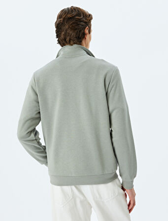 İşlemeli Pamuk Karışımlı Şardonlu Uzun Kollu Yarım Fermuarlı Sweatshirt