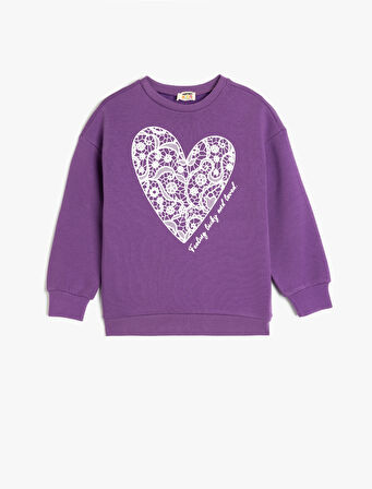 Sweatshirt Kalp Baskılı Şardonlu Pamuklu