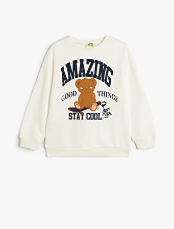 Sweatshirt Ayıcık Baskılı Uzun Kollu Bisiklet Yaka 
