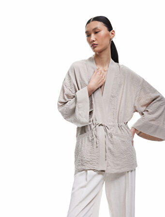 Uzun Kollu Cepli Beli Bağcık Detaylı Kruvaze Kimono