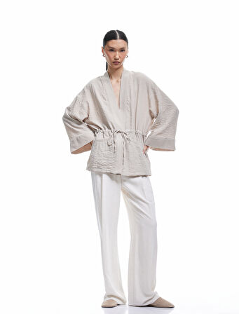 Uzun Kollu Cepli Beli Bağcık Detaylı Kruvaze Kimono