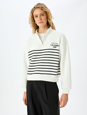 Pamuk Karışımlı Dik Yaka Çizgili Yarım Fermuarlı Sweatshirt