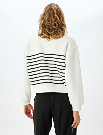 Pamuk Karışımlı Dik Yaka Çizgili Yarım Fermuarlı Sweatshirt