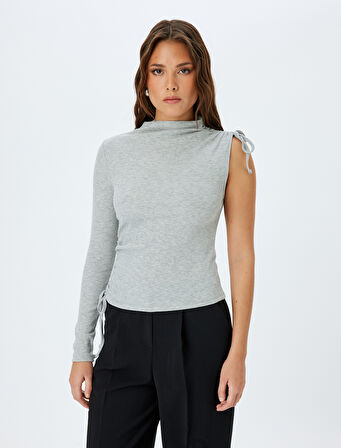 Slim Fit Asimetrik Yaka Uzun Tek Kollu Fitilli Tişört