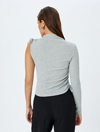 Slim Fit Asimetrik Yaka Uzun Tek Kollu Fitilli Tişört