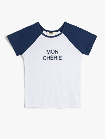 Pamuklu Renk Bloklu Bisiklet Yaka Kısa Kollu Baskılı Kadın Tişört