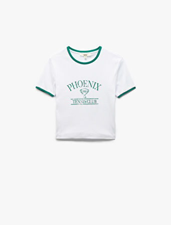 Pamuklu Kısa Kollu Bisiklet Yaka Tenis Temalı Baskılı Kadın Tişört