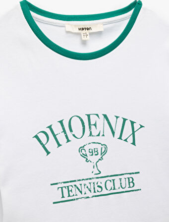 Pamuklu Kısa Kollu Bisiklet Yaka Tenis Temalı Baskılı Kadın Tişört