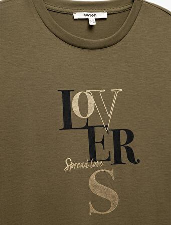 Bisiklet Yaka Kısa Kollu Baskılı Kadın Tişört