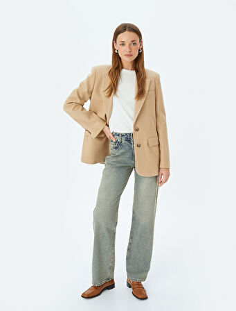 Düz Paça Normal Bel Düz Kesim Düğmeli Pamuklu Kot Pantolon - Straight Fit Jean
