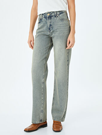 Düz Paça Normal Bel Düz Kesim Düğmeli Pamuklu Kot Pantolon - Straight Fit Jean