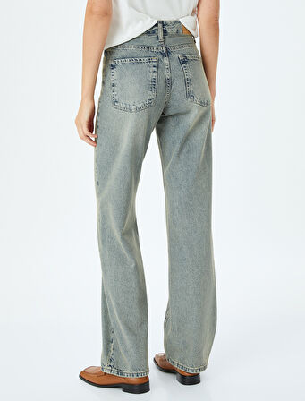 Düz Paça Normal Bel Düz Kesim Düğmeli Pamuklu Kot Pantolon - Straight Fit Jean