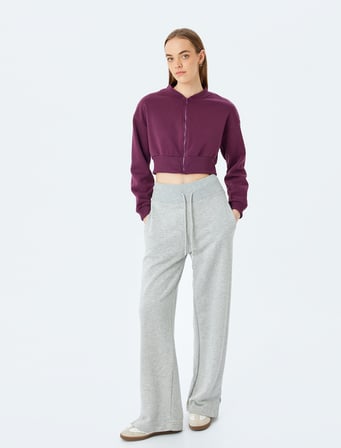 Şardonlu Bisiklet Yaka Fermuarlı Crop Spor Sweatshirt