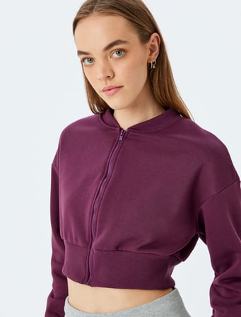 Şardonlu Bisiklet Yaka Fermuarlı Crop Spor Sweatshirt