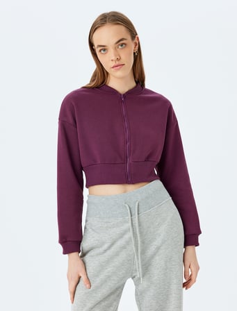 Şardonlu Bisiklet Yaka Fermuarlı Crop Spor Sweatshirt