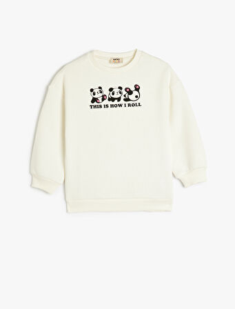 Panda Baskılı Uzun Kollu Bisiklet Yaka Şardonlu Sweatshirt