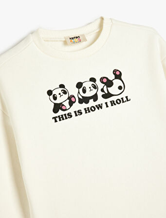 Panda Baskılı Uzun Kollu Bisiklet Yaka Şardonlu Sweatshirt