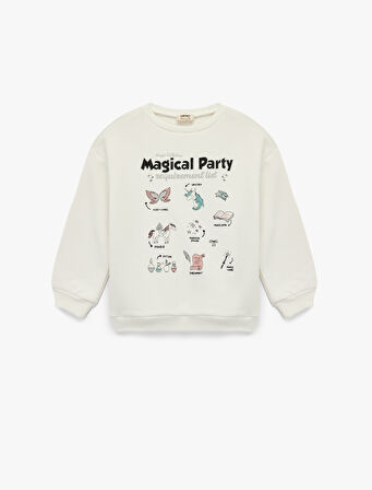 Şardonlu Uzun Kollu Bisiklet Yaka Baskılı Sweatshirt