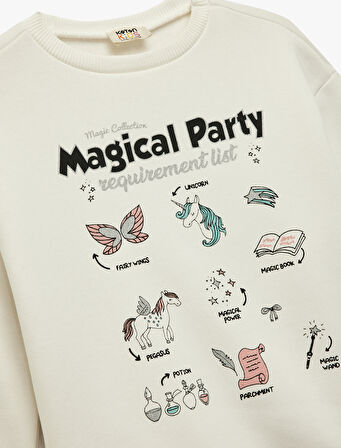 Şardonlu Uzun Kollu Bisiklet Yaka Baskılı Sweatshirt