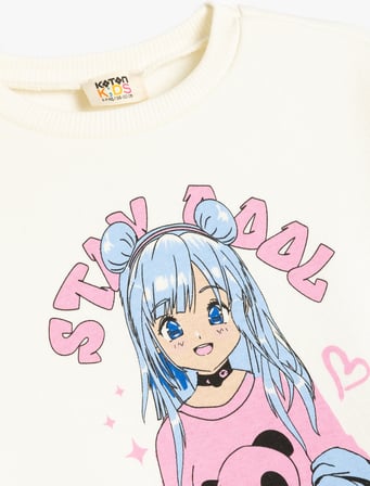 Sweatshirt Anime Baskılı Uzun Kollu Bisiklet Yaka Şardonlu 