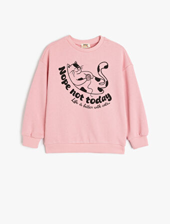 Kedi Baskılı Uzun Kollu Pamuklu Bisiklet Yaka Sweatshirt