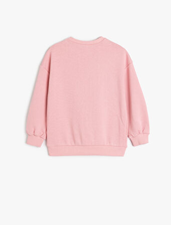 Kedi Baskılı Uzun Kollu Pamuklu Bisiklet Yaka Sweatshirt