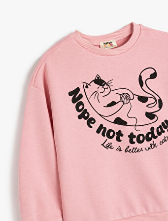 Kedi Baskılı Uzun Kollu Pamuklu Bisiklet Yaka Sweatshirt