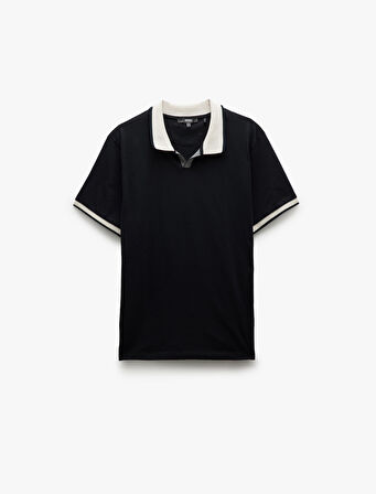 Slim Fit Pamuklu Renk Kontrast Detaylı Kısa Kollu V Yaka Polo Tişört