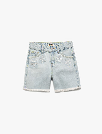 Pamuklu Cep Detaylı Çiçekli Denim Şort