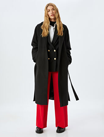 Kemerli Cepli Kruvaze Ekstra Uzun Kaşe Kaban