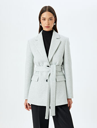 Kruvaze Kuşak Detaylı Kaşe Blazer Ceket