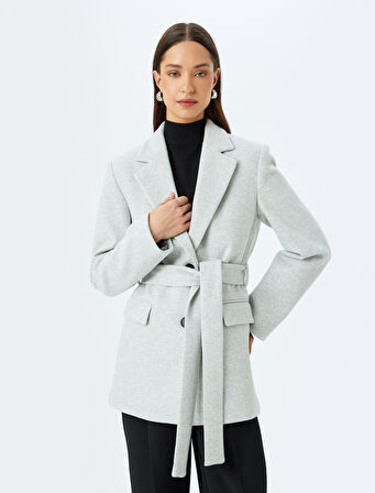 Kruvaze Kuşak Detaylı Kaşe Blazer Ceket