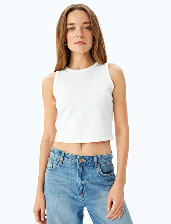 Taş Detaylı Halter Yaka Kolsuz Scuba Kumaş Crop Bluz