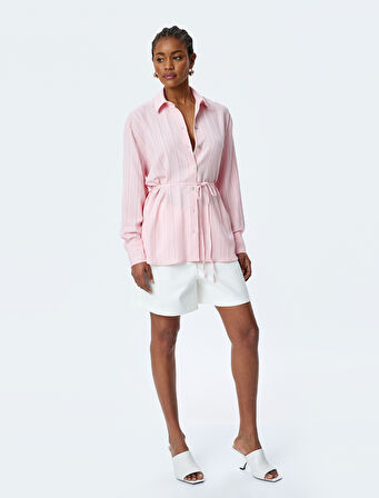 İnce Kuşak Detaylı Dokulu Uzun Kollu Viskon Gömlek