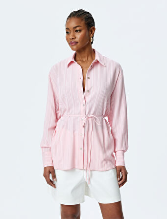 İnce Kuşak Detaylı Dokulu Uzun Kollu Viskon Gömlek