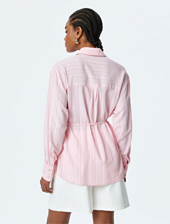 İnce Kuşak Detaylı Dokulu Uzun Kollu Viskon Gömlek