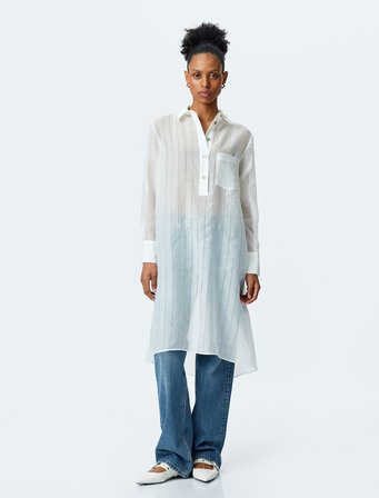 Uzun Kollu Gömlek Yaka Yarı Transparan Oversize Uzun Tunik