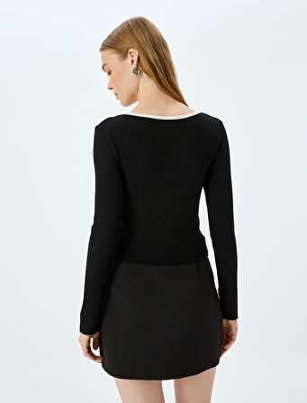 Kalp Yaka Fiyonk Detaylı Fitilli Uzun Kollu Slim Fit Bluz