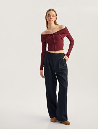 Fermuarlı Omzu Açık Uzun Kollu Slim Fit Tişört
