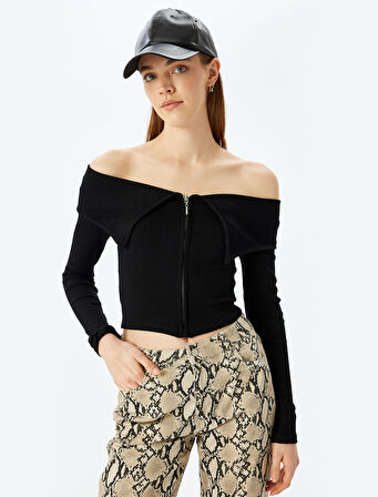 Fermuarlı Omzu Açık Uzun Kollu Slim Fit Tişört