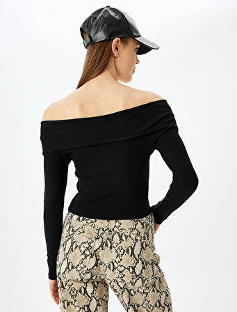 Fermuarlı Omzu Açık Uzun Kollu Slim Fit Tişört