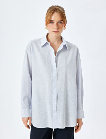 Klasik Yaka Uzun Kollu Düğmeli Oversize Keten Gömlek