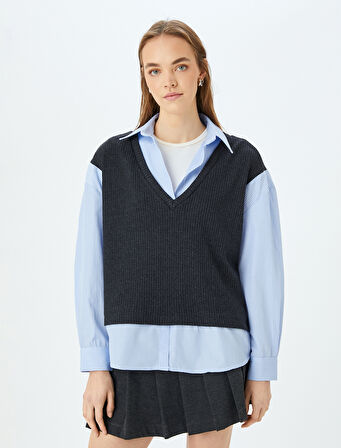 Uzun Kollu Klasik Yaka Süveter Detaylı Çizgili Gömlek