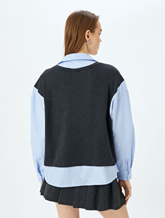 Uzun Kollu Klasik Yaka Süveter Detaylı Çizgili Gömlek