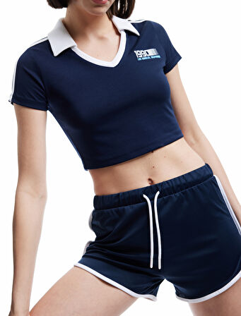 Polo Yaka Kısa Kollu Dar Kesim Çizgili Baskılı Crop Spor Tişört