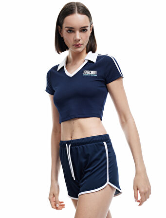 Polo Yaka Kısa Kollu Dar Kesim Çizgili Baskılı Crop Spor Tişört