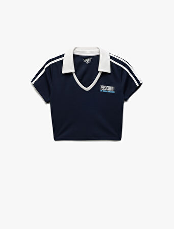 Polo Yaka Kısa Kollu Dar Kesim Çizgili Baskılı Crop Spor Tişört