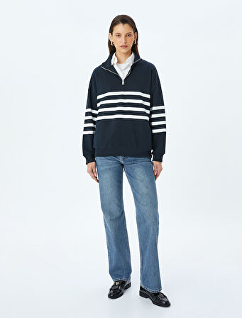 Yarım Fermuarlı Çizgili Oversize Sweatshirt