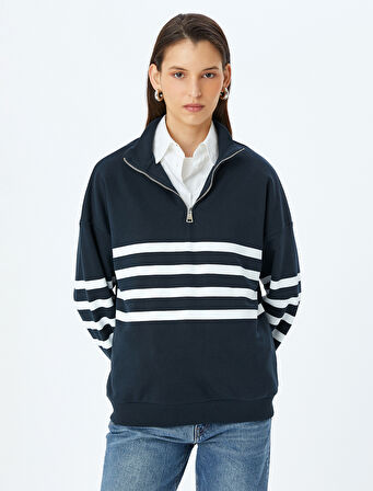 Yarım Fermuarlı Çizgili Oversize Sweatshirt