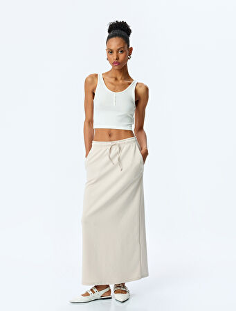 Modal Karışımlı Oversize Beli Bağcıklı Midi Etek